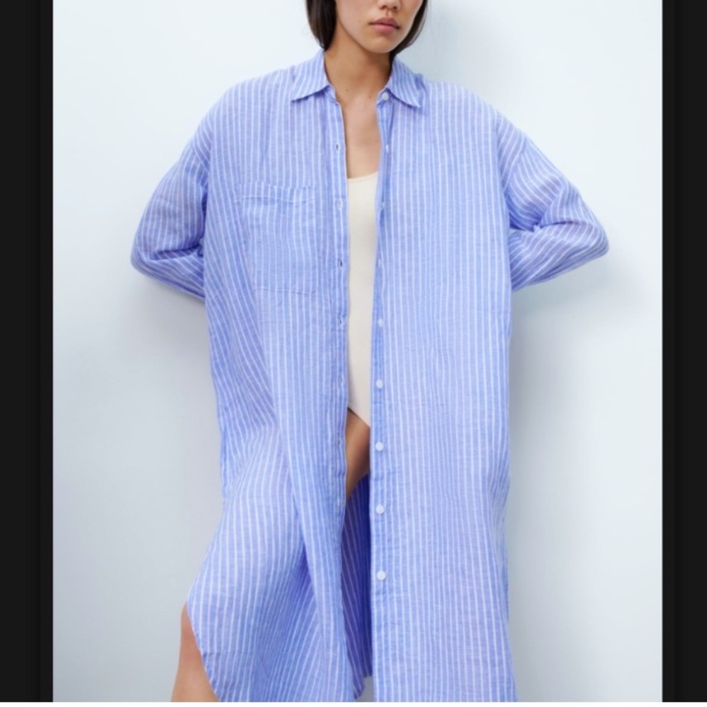 Zara 100% Linen Shirt Dress Blue Medium